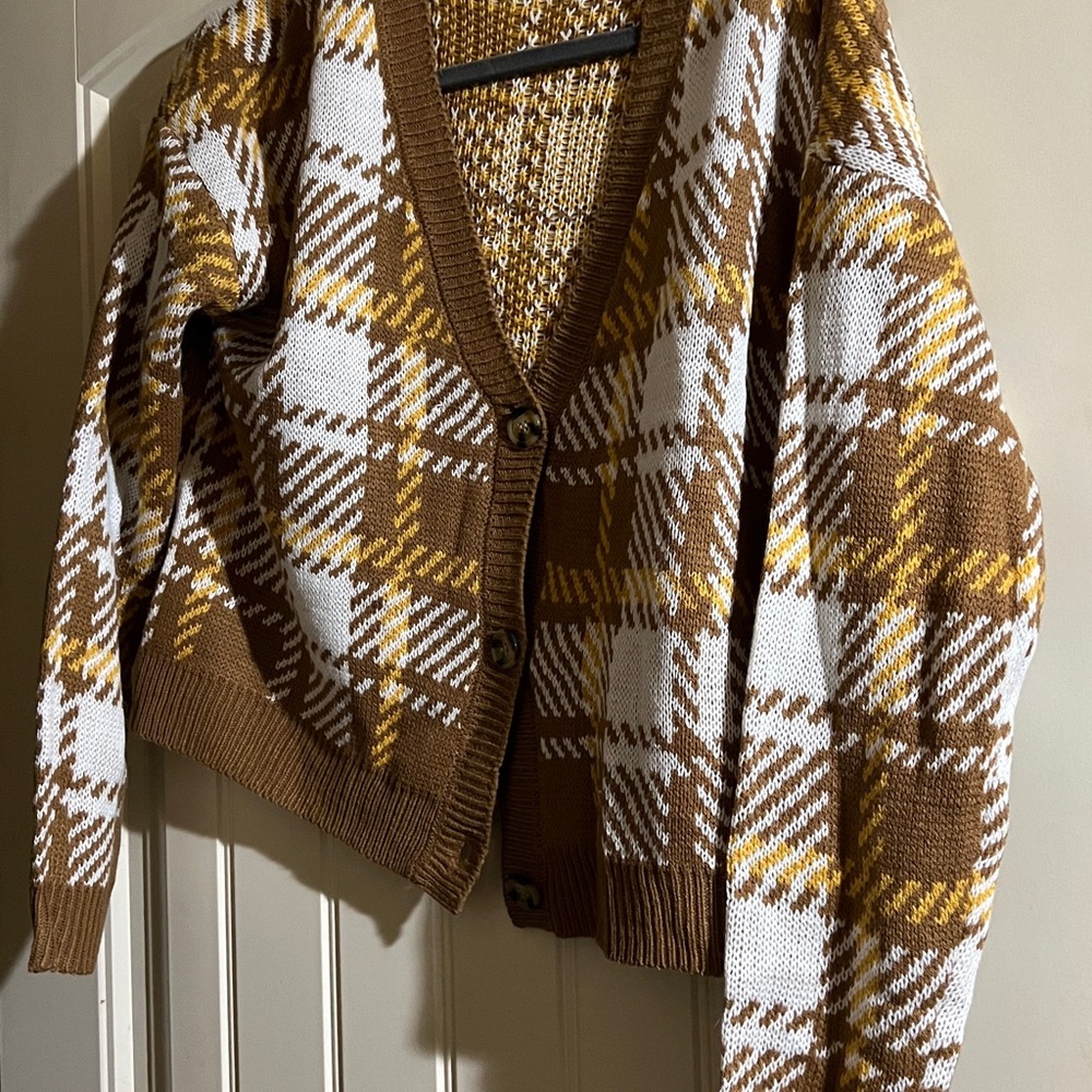 NOBO Brown, White & Mustard Plaid Button-Front Cardigan